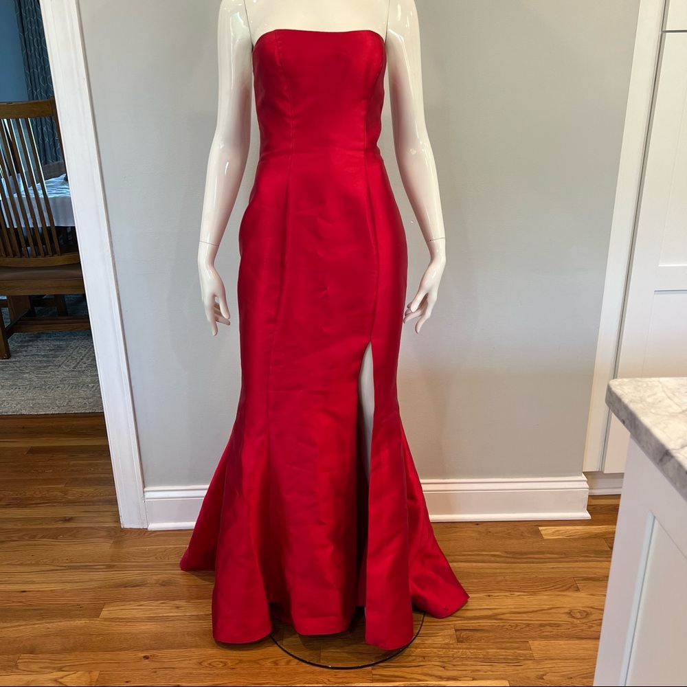 Sherri Hill Strapless Full Length Dress with Slit in Red